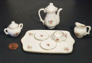 Tea Set Miniature Dollhouse Tray Teapot Cup Pink Roses Vintage Set Of 6