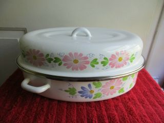Vintage Enamel Roasting Pan With Lid White With Floral