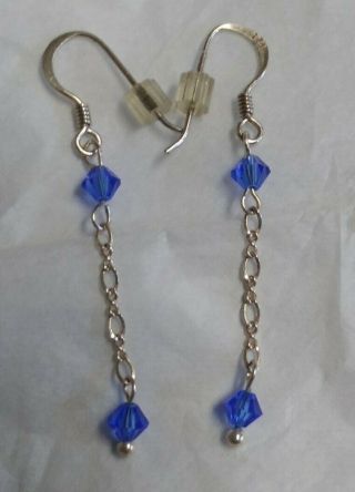 Vintage Sterling Silver And Blue Crystal Simple Chain Drop Earrings