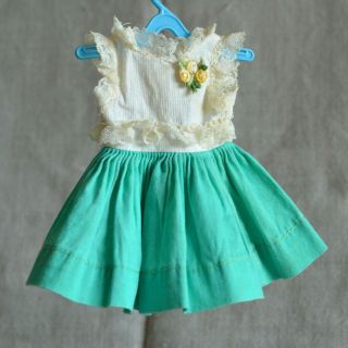 Small Doll Dress Turquoise With Lace And Applique,  60s 5 1/4 " Long 5 " Waist