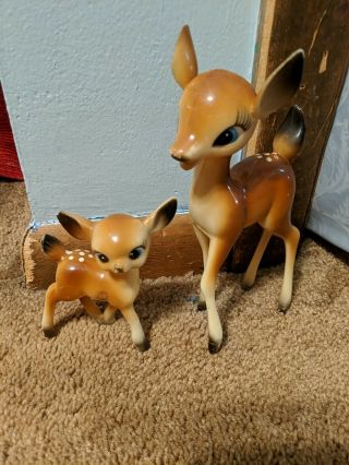 2 Vintage Hard Plastic Big Blue Eyes Christmas Reindeer Deer Fawn Bambi Figure