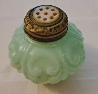 Vintage Green Jadeite Milk Glass Salt Shaker Single Mother Of Pearl