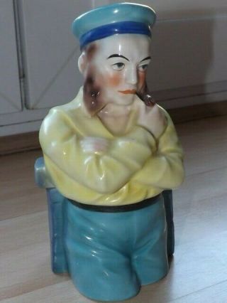 1920s Hand Painted Sailor With Pipe Design Ceramic Tobacco Jar With Czech Marks
