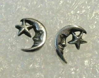 Vintage Sterling Silver Celestial Crescent Moon Face With Star Stud Earrings