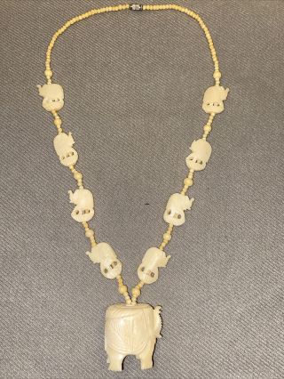 Vintage Asian Ivory - Colored Carved Bovine Bone Necklace Large Elephants Beads
