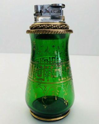 Vintage Green Glass Table Lighter With Gold Trim 5.  5 " Tall