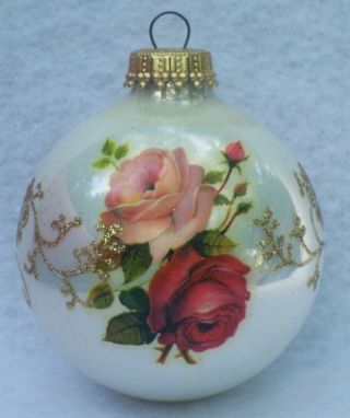 Vintage Krebs Christmas Ornament Pink Red Roses Gold Glitter Floral Swirls G1