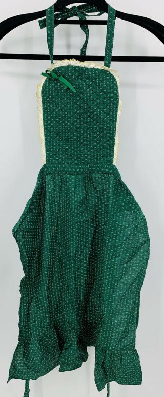 Vintage Full Apron Quilted Top Hunter Green Lace Trim Ruffle Hem