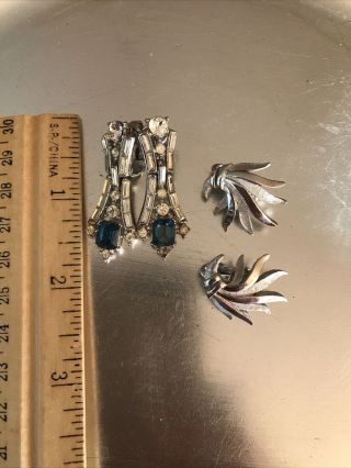 Set Of Two Vintage Trifari Clip On Earrings - Rhinestone And Silver Tone