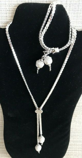 Vintage Signed Monet Silver Tone Dangle Slider Lariat Necklace And Bracelet Set
