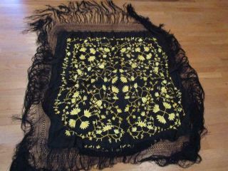 Vintage Oriental Black Silk Yellow Embroidered Flowers Piano Shawl Fancy Fringe