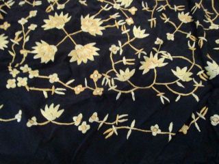 Vintage Oriental Black Silk Yellow Embroidered Flowers Piano Shawl Fancy Fringe 3