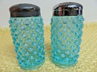 Vintage 1940s Fenton Glass Hobnail Blue Opalescent Salt Pepper Shakers
