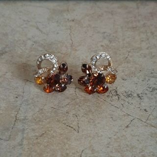 Vintage Amber & Clear Stones,  Bead Cluster Gold Tone Clip - On Earrings