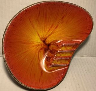 1963 Treasure Craft Vibrant Orange,  Yellow & Brown Footed Ashtray Swirled Glaze