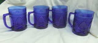 Vintage Cobalt Blue Coffee Mugs Set Of 4,  Glass Pineapple Diamonds Cups - France