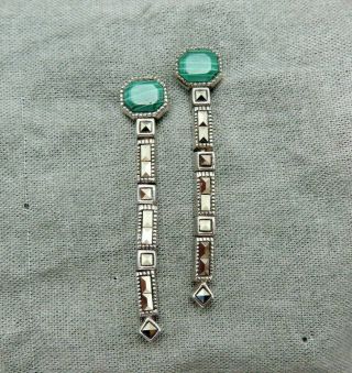 Vintage Sterling Silver Pierced Earrings Green Stone Marcasites Art Deco 723r