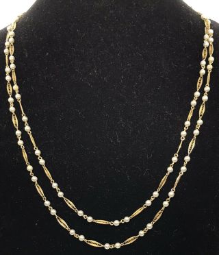 Vintage Crown Trifari Signed Gold Tone With Faux Pearls Double Strand Necklace