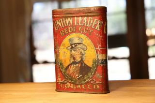 Antique Union Leader Tin Litho Vertical Pocket Tobacco Can Uncle Sam Redi Cut
