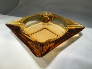 Vintage Mid - Century Amber Gold Square Glass Ashtray 5 3/4”x5 3/4” 4 Trays