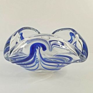 Vintage Heavy Round Clear Blue Swirl Ashtray Blown Art Glass Mid - Century Modern