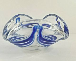 Vintage Heavy Round Clear Blue Swirl Ashtray Blown Art Glass Mid - Century Modern 3