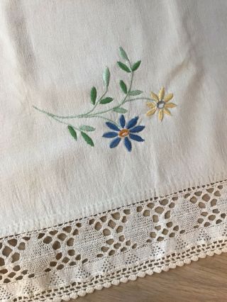 Vintage Table Runner Dresser Scarf Embroidered Flowers Crocheted Ends (2 - 3)