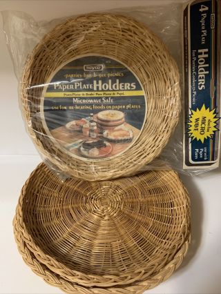 8 Vtg Natural Colored Wicker Rattan Bamboo Woven Paper Plate Holders 8”