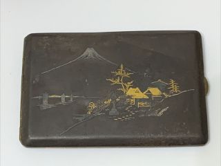 Vintage Japanese Iron Gold Silver Damascene Cigarette Case Mount Fuji K24.