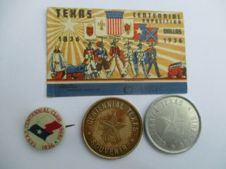 Vintage 1936 Texas Centennial Ticket Stub,  Coin Token & Club Pin Back Button
