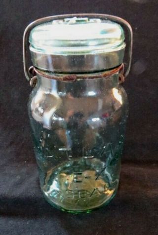 Vintage,  Green " Atlas E - Z Seal " Quart Canning Jar W/lid And Wire Bail