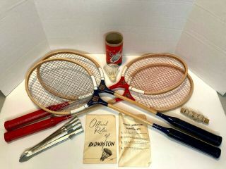 Vintage Badminton Set 4 Rackets,  One Shuttlecock,  Bag,  Stakes For Net
