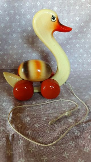 Rare Vintage Kouvalias Wooden Pull Toy The Swan 520 Greece Collectable W/box