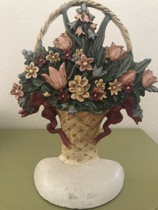 Vintage Cast Iron Door Stop Basket Of Flowers Shabby Chic Style Cottage Style