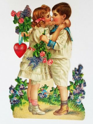 Sweet Vintage Diecut Valentines Day Card Boy & Girl Kissing Kiss Antique Germany