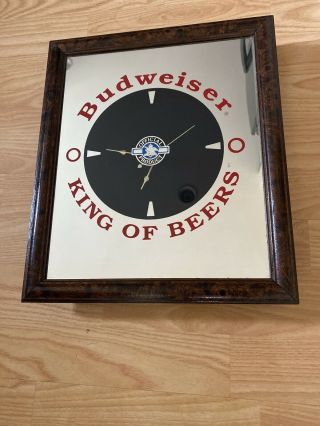 Vintage Budweiser Bar Mirror Framed Clock " King Of Beers " 14 " X 12 " Usa.