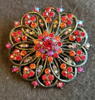 Vintage Red Aurora Borealis Rhinestone Flower Brooch Pin Broach Antique Gold