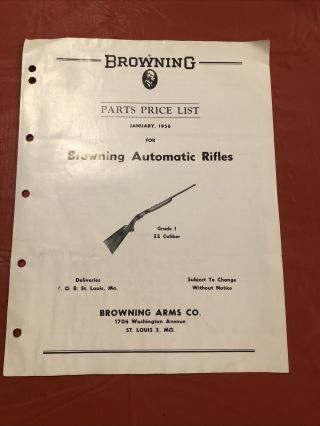 Vtg 1956 Browning Automatic.  22 Caliber Rifle Grade 1 Parts Price List