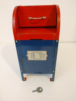 Vintage Usps Mail Box Bank Blue Metal United States Post Office With Key