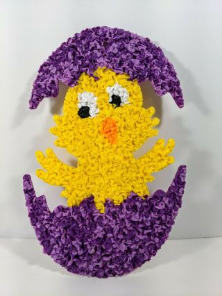 Vintage Melted Popcorn Plastic Decor Easter Chick In Purple Egg 16.  25 "