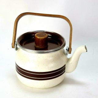 Japan Enamel Tea Kettle Line Design Wooden Handle & Knob Vintage 5 Inches Tall