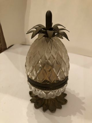 Vintage French Pineapple Table Lighter Crystal Glass Cut & Brass France Cool