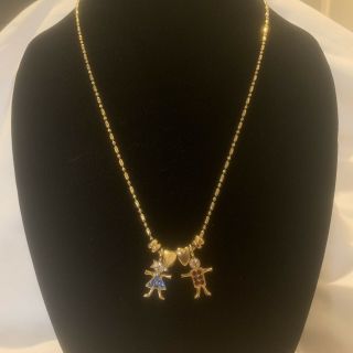 Vintage Kls Usa Multicolor Rhinestone Gold Tone Boy Girl Pendant Chain Necklace