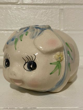 Vintage Ceramic Piggy Bank Floral Hand Painted Stopper Intact