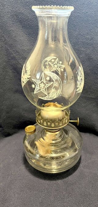 Vintage Kerosene Oil Lamp Beaded Top Glass Bulge Owl Moon Star Chimney