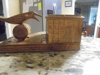 Fabulous Vintage Hand Carved Wood Cigarette Dispenser Box With Mechanical Bird