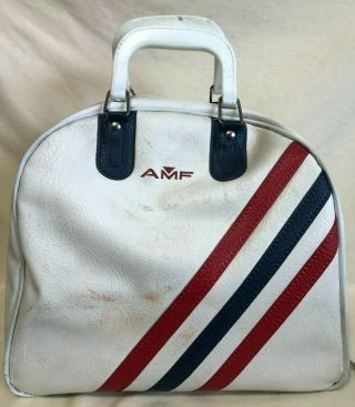 Vintage Amf Bowling Ball Bag W/metal Rack - White W/blue & Red Stripes