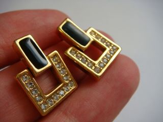Vintage Napier Gold Rectangular Black Enamel Rhinestone Door Knocker Earrings