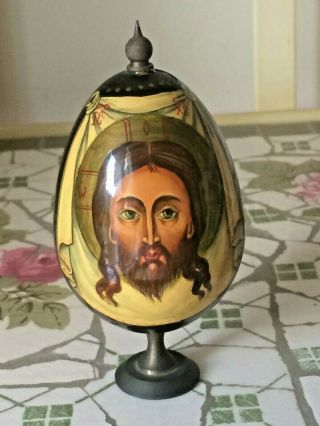 4 " Vintage Russian Hand Painted Lacquered Wood Jesus Prayer Egg Pedestal Stand