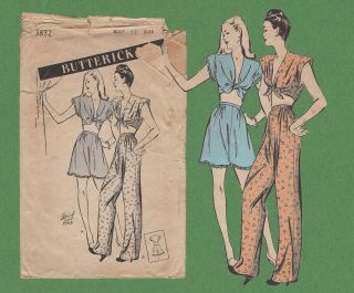 Vtg 40s Wwii Sewing Pattern Butterick 3832 Midriff Cropped Pajama Lingerie 34